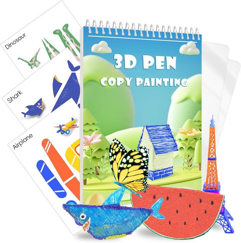 CKMOREL كتاب رسم قلم الطباعة ثلاثي الأبعاد مع تصميم حلزوني وقالب شفاف، 40 نمطًا قابلًا لإعادة الاستخدام، قالب رسم جرافيتي، هدية مثالية للاعمال اليدوية تتضمن الحيوانات ووسائل النقل وبناء المنازل والطعام - Image 1